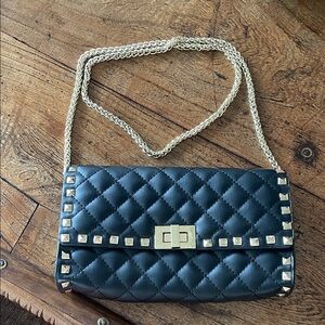 Black Quilted Chain Shoulder Bag with Gold Studs